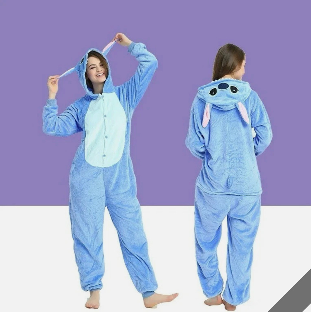Adult Medium Blue Stitch One Piece Plush Animal Pajamas/Costume Hooded Cozy